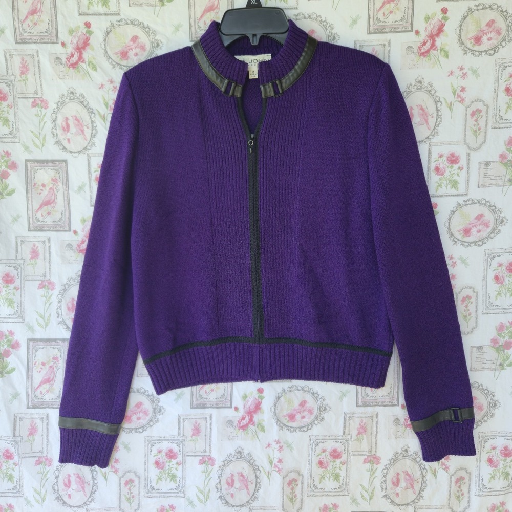 St John Collection Purple Knit Full Zip Jacket Black Leather Trim Womens Size 10